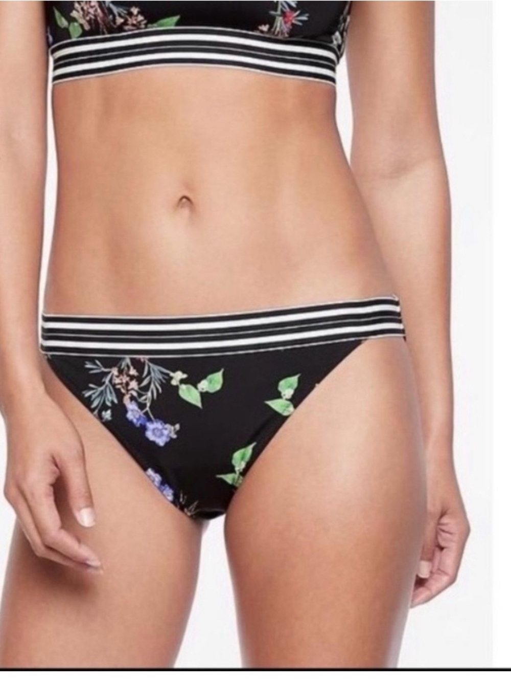 Athleta Floral Black Bikini Bottom with Striped Waistband size Large good cond